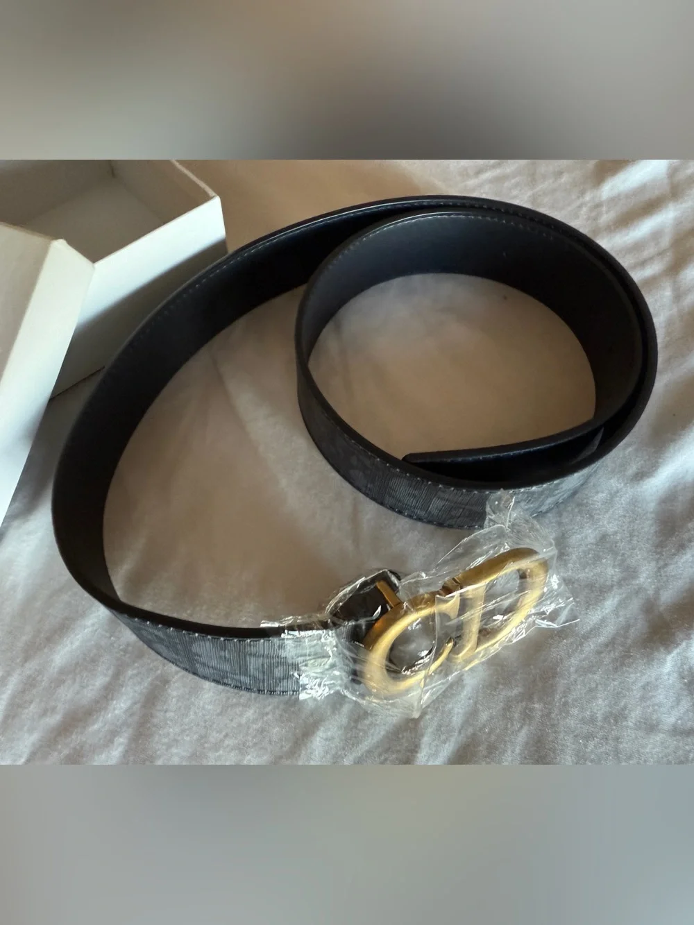 CD-Style Black Leather Belt with Gold Buckle Logo 42” Across 107 cm New